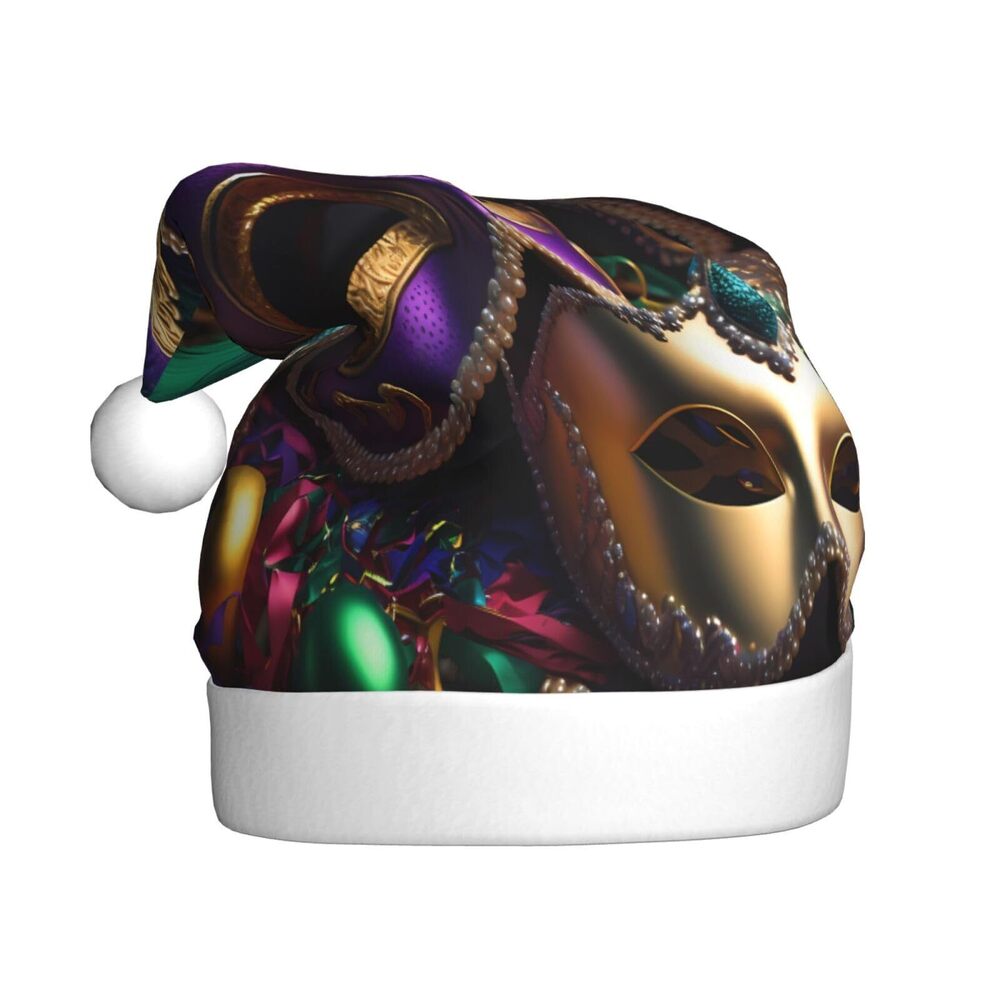 6697 Mardi Gras Masks Santa Hat - Cozy Adult Plush Christmas Beanie for New